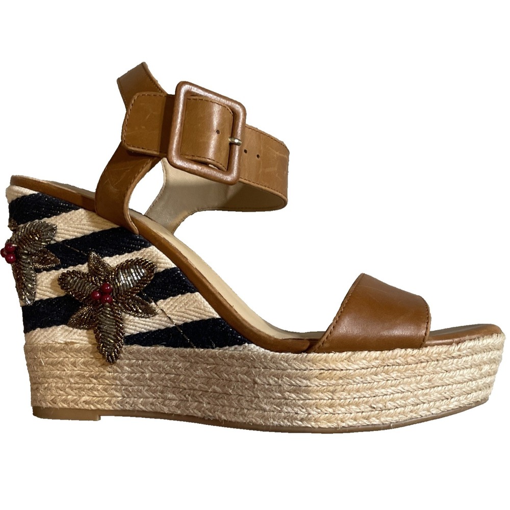 Antonio Melani Beaded Berry Leaves Espadrille Wedge Sandal Size 9 Brown Blue